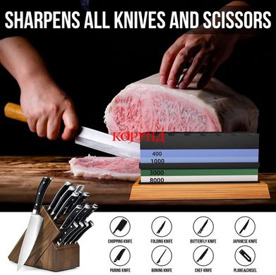 Набір для заточування ножів "КОРУНД PROFI-8NEW" з бамбуковою підставкою (#400/#1000; #3000/#8000, 8 предметів)