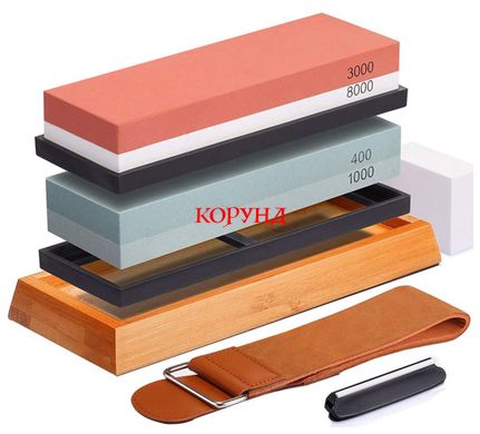 Набор для заточки ножей "КОРУНД PROFI-6" с бамбуковой подставкой (#400/#1000; #3000/#8000)