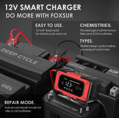 Зарядное устройство 12V/6A и тестер АКБ "FOXSUR-FBC1206E-R" (2в1)